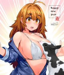 Rule 34 | 1girl, 2021, :o, animal, bare shoulders, between breasts, bikini, bikini under clothes, blue shirt, breasts, calf, chinese zodiac, collarbone, commentary request, cow, hair between eyes, happa (cloverppd), happy new year, large breasts, liong, new year, open clothes, open shirt, orange hair, original, shirt, signature, solo, swimsuit, upper body, white bikini, year of the ox
