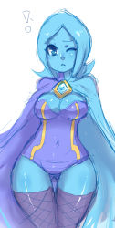 Rule 34 | !, 1girl, black thighhighs, blue eyes, blue hair, blue skin, breasts, brooch, cape, cleavage, colored skin, fi (zelda), fishnet thighhighs, fishnets, gem, jewelry, leotard, maniacpaint, matching hair/eyes, nintendo, no arms, one eye closed, out of character, short hair, solo, strapless, the legend of zelda, the legend of zelda: skyward sword, thigh gap, thighhighs, thighs, wink