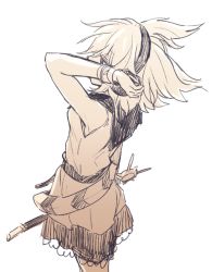 Rule 34 | 1girl, cowboy shot, earmuffs, from side, hand up, looking to the side, makuwauri, monochrome, pointy hair, profile, short hair, simple background, skirt, sleeveless, solo, touhou, toyosatomimi no miko, white background