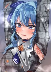 Rule 34 | 1girl, armpits, arms up, blue choker, blue eyes, blue hair, blue necktie, blue ribbon, blush, buttons, choker, collared shirt, double-breasted, eyelashes, futoshi tanaka, grey jacket, hair between eyes, hair ribbon, highres, hololive, hoshimachi suisei, hoshimachi suisei (1st costume), jacket, long hair, looking at viewer, necktie, open mouth, out of frame, plaid, plaid jacket, ribbon, scissors, shadow, shirt, smell, star (symbol), star in eye, steaming body, sweatdrop, symbol in eye, torn clothes, torn jacket, upper body, virtual youtuber, white shirt