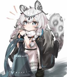 Rule 34 | 1girl, :3, animal ear fluff, animal ears, arknights, black cape, black footwear, blush, braid, cape, chibi, commentary request, dress, female focus, grey eyes, grey hair, holding, holding weapon, long hair, looking away, multicolored hair, notice lines, pramanix (arknights), smile, solo, split mouth, standing, streaked hair, tail raised, tsuna (seachicken 0141), twin braids, watch, weapon, white background, white dress, white hair, wristwatch