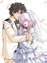 Rule 34 | 1boy, 1girl, alternate costume, alternate universe, bare shoulders, black bow, black hair, black neckwear, blush, bow, bowtie, breasts, bridal veil, bride, buttons, closed eyes, command spell, commentary request, dress, elbow gloves, fate/grand order, fate (series), formal, frilled dress, frills, fujimaru ritsuka (male), gloves, groom, hair ornament, hair over one eye, highres, holding hands, jewelry, lips, makka na kedamono, mash kyrielight, open mouth, petals, pink hair, pink lips, ring, shirt, short hair, simple background, sleeveless, sleeveless dress, smile, suit, veil, wedding dress, white dress, white gloves, white shirt, white suit