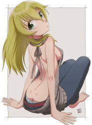 Rule 34 | 1girl, absurdres, artist logo, ass, back, backless outfit, barefoot, belt, blonde hair, blue panties, blue pants, breasts, butt crack, carpaccio (girls und panzer), closed mouth, commentary, dimples of venus, from behind, frown, girls und panzer, green eyes, grey sweater, highres, kainushi, long hair, looking at viewer, looking back, medium breasts, meme attire, panties, pants, panty peek, red belt, sideboob, sitting, solo, striped clothes, striped panties, sweater, underwear, virgin killer sweater