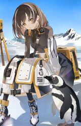 Rule 34 | 1girl, absurdres, arknights, bird, blue sky, brown hair, character doll, day, elite ii (arknights), expressionless, full body, highres, jumpsuit, looking at viewer, magallan (arknights), magallan (elite ii) (arknights), mask, mask around neck, mountain, mountainous horizon, multicolored hair, outdoors, parted lips, penguin, ribbed sweater, short hair, signature, sitting, sky, snow, solo, streaked hair, sweater, emperor (arknights), turtleneck, turtleneck sweater, two-tone hair, white hair, white jumpsuit, yellow eyes, yuuki uyu