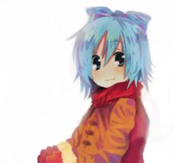 Rule 34 | 1girl, :3, bad id, bad pixiv id, casual, cirno, coat, female focus, gloves, perfect cherry blossom, scarf, solo, touhou, upper body, utsugi44, white background