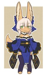 Rule 34 | 1girl, :3, animal ear fluff, animal ears, bad id, bad twitter id, blue bow, bow, commentary request, cosplay, detached collar, detached sleeves, fate/extra, fate (series), frilled sleeves, frills, full body, furry, green eyes, hair bow, japanese clothes, kawasemi27, looking at viewer, made in abyss, nanachi (made in abyss), outline, pelvic curtain, short hair, simple background, smile, solo, tail, tamamo (fate), tamamo no mae (fate/extra), tamamo no mae (fate/extra) (cosplay), thighhighs, whiskers, white hair, white outline, wide sleeves