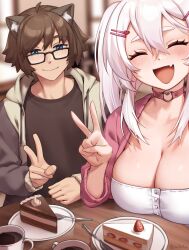 Rule 34 | 1boy, 1girl, :d, ^ ^, ahoge, animal ear fluff, animal ears, black-framed eyewear, blue eyes, blurry, blurry background, borrowed character, breasts, brown hair, cake, cake slice, chocolate cake, choker, cleavage, closed eyes, commentary, cup, drawstring, english commentary, facing viewer, fang, food, fruit, glasses, hair between eyes, hair ornament, hairclip, heart o-ring, highres, hood, hood down, hoodie, iwbitu, large breasts, large ears, light blush, long sleeves, looking at viewer, nyopu, open mouth, original, pink choker, plate, skin fang, smile, strawberry, strawberry shortcake, twitter username, v, white hair, wing collar