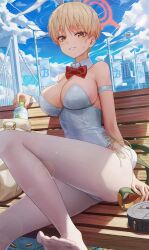 Rule 34 | 1girl, absurdres, bench, blonde hair, blue archive, blush, breasts, building, cleavage, cloud, cloudy sky, day, detached collar, fake tail, halo, hamstarhand, highres, large breasts, looking at viewer, marina (blue archive), mole, on bench, outdoors, pantyhose, rabbit tail, red halo, short hair, sitting, sky, solo, tail, white pantyhose, wrist cuffs, yellow eyes