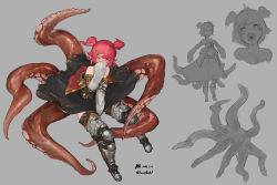 Rule 34 | 1girl, armor, boots, dated, detached sleeves, dress, female focus, grey background, hair ornament, hairclip, highres, monster girl, n9+, open mouth, original, partially colored, red hair, simple background, sleeves past wrists, solo, teeth, tentacles, thigh boots, thighhighs, twintails, twitter username