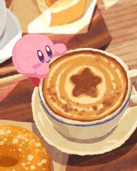 blue_eyes blush_stickers closed_mouth coffee_mug colored_skin commentary cup donut food food_focus highres kirby kirby_(series) miclot mug nintendo no_humans pink_skin saucer smile star_(symbol) symbol-only_commentary