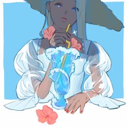 Rule 34 | 1girl, blue background, blue eyes, cup, dark-skinned female, dark skin, drinking straw, flower, hat, highres, holding, holding drinking straw, looking at viewer, mu mashu, nail polish, original, parted lips, pink flower, red nails, see-through, see-through sleeves, solo, sparkle, upper body, waves