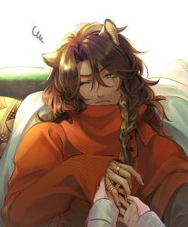 Rule 34 | 1boy, animal ears, braid, closed mouth, dark-skinned male, dark skin, fingernails, frown, green eyes, hair between eyes, highres, holding hands, jewelry, leona kingscholar, lion ears, multiple rings, one eye closed, out of frame, pillow, pov, pov hands, red sweater, redrabbit44, ring, scar, scar across eye, side braid, single braid, sleeves past wrists, slit pupils, solo focus, squiggle, sweater, twisted wonderland, upper body, white background