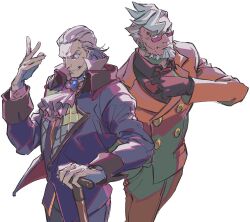 Rule 34 | 2boys, ace attorney, ascot, beard, black gloves, black shirt, blue jacket, brooch, cane, closed mouth, collared shirt, damon gant, dark-skinned male, dark skin, evil grin, evil smile, facial hair, formal, glasses, gloves, green eyes, grey hair, grin, highres, holding, holding cane, jacket, jewelry, long sleeves, male focus, manfred von karma, mature male, multiple boys, necktie, open mouth, orange jacket, orange pants, pants, phoenix wright: ace attorney, shirt, short hair, simple background, smile, suit, teeth, udohepu, white background, white gloves, white hair