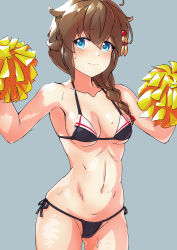 Rule 34 | 1girl, adapted costume, ahoge, arthur ko, bikini, black bikini, blue eyes, braid, breasts, brown hair, cleavage, commentary request, cowboy shot, grey background, hair flaps, hair ornament, hair over shoulder, highres, holding, holding pom poms, kantai collection, looking at viewer, medium breasts, pom pom (cheerleading), pom poms, shigure (kancolle), shigure kai ni (kancolle), side-tie bikini bottom, simple background, single braid, solo, swimsuit