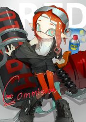 Rule 34 | 1girl, arm support, black footwear, black jacket, black shorts, blush, boots, closed mouth, commentary, commission, corrupted twitter file, english commentary, expressionless, eyewear on head, forehead, green eyes, grey background, gun, highres, hydra splatling (splatoon), inkling, inkling girl, inkling player character, jacket, long sleeves, looking at viewer, medium hair, nintendo, off shoulder, p-pepper, pantyhose, pantyhose under shorts, partially unzipped, pointy ears, red hair, red pantyhose, red pupils, short eyebrows, short shorts, shorts, sidelocks, simple background, sitting, solo, splatoon (series), tank top, tentacle hair, wd-40, weapon, white tank top, zipper