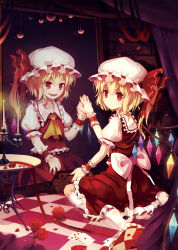 Rule 34 | 2girls, blonde hair, candle, card, different reflection, dual persona, flandre scarlet, flower, hat, highres, mirror, multiple girls, red eyes, reflection, ribbon, rose, short hair, side ponytail, skirt, smile, touhou, wings, wrist cuffs, zerii (cdcdqqq)