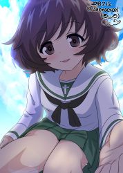 Rule 34 | 10s, 1girl, absurdres, akiyama yukari, backlighting, black neckerchief, blouse, blue sky, brown eyes, brown hair, close-up, cloud, cloudy sky, commentary, dated, day, foreshortening, girls und panzer, green skirt, highres, lens flare, long sleeves, looking at viewer, messy hair, miniskirt, neckerchief, one-hour drawing challenge, ooarai school uniform, outdoors, parted lips, pleated skirt, reaching, reaching towards viewer, school uniform, selfie, serafuku, shiina excel, shirt, short hair, sitting, skirt, sky, smile, solo, twitter username, watermark, white shirt