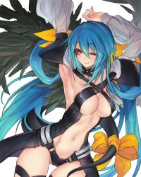 Rule 34 | 1girl, armpits, blue hair, bow, breasts, cleavage, dizzy (guilty gear), guilty gear, guilty gear x, guilty gear xx, large breasts, long hair, navel, one eye closed, oro (sumakaita), red eyes, simple background, solo, tail, tail bow, tail ornament, thighs, twintails, underwear, very long hair, white background, wings