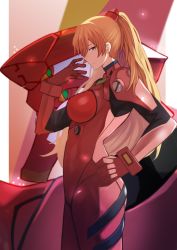 Rule 34 | 1girl, absurdres, artist request, blue eyes, bodysuit, breasts, brown hair, cowboy shot, eva 02, hair ornament, hand on own hip, highres, large breasts, light smile, long hair, looking to the side, mecha, medium breasts, neon genesis evangelion, plugsuit, red bodysuit, robot, shiny clothes, simple background, skin tight, smile, solo, souryuu asuka langley, standing, two side up, very long hair, wide hips