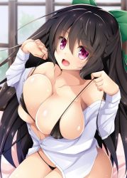 Rule 34 | 1girl, bikini pull, black hair, blouse, blush, breasts, cleavage, clothes pull, collarbone, cover, hair between eyes, heart, heart-shaped pupils, large breasts, long hair, looking at viewer, midriff, open clothes, open mouth, open shirt, red eyes, reiuji utsuho, revealing clothes, sakamina, shirt, skindentation, smile, solo, standing, symbol-shaped pupils, touhou, white shirt