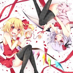 Rule 34 | 2girls, adapted costume, album cover, bat wings, black legwear, blonde hair, bow, cover, dress, fang, flandre scarlet, flower, hair bow, hair flower, hair ornament, highres, light purple hair, looking at viewer, lying, multiple girls, no headwear, no headwear, on side, open mouth, petals, pink dress, pink eyes, pink skirt, red eyes, remilia scarlet, ribbon, shirt, siblings, side ponytail, sisterakuma, sisters, skirt, skirt set, sleeveless, sleeveless dress, sleeveless shirt, smile, string, string of fate, thighhighs, tongue, tongue out, touhou, upside-down, wings, wrist cuffs, wrist ribbon, zettai ryouiki
