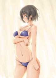 Rule 34 | 1girl, bare arms, bikini, black hair, blue eyes, breast hold, breasts, cleavage, female focus, highres, large breasts, looking at viewer, navel, original, rucchiifu, short hair, smile, solo, standing, swimsuit
