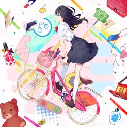 Rule 34 | 1girl, backpack, bag, bicycle, black hair, black skirt, bow, bowtie, brown footwear, closed eyes, collared shirt, commentary, full body, highres, kneehighs, loafers, long hair, miniskirt, multicolored hair, original, pleated skirt, red bow, red bowtie, riding, riding bicycle, rokka (rokka 013a), school uniform, shirt, shoes, short sleeves, skirt, socks, solo, streaked hair, symbol-only commentary, white shirt, white socks