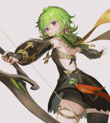 Rule 34 | 1girl, absurdres, backless dress, backless outfit, black dress, black shorts, black thighhighs, bow (weapon), capelet, closed mouth, collei (genshin impact), commentary, cowboy shot, dejio, detached sleeves, dress, earrings, from behind, genshin impact, green capelet, green hair, hair between eyes, hair ornament, highres, holding, holding bow (weapon), holding weapon, jewelry, long sleeves, looking at viewer, medium hair, puffy long sleeves, puffy sleeves, purple eyes, short dress, shorts, shorts under dress, simple background, solo, thighhighs, vision (genshin impact), weapon, white background, zettai ryouiki