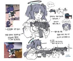 Rule 34 | 2girls, assault rifle, beretta ar70/90, blue archive, blush, closed eyes, dual wielding, firing, flukhan, game screenshot, gun, hair ornament, halo, highres, holding, holding gun, holding weapon, jacket, korean commentary, long hair, multiple girls, open mouth, reference inset, rifle, serika (blue archive), simple background, submachine gun, translation request, twitter username, two side up, weapon, white background, yuuka (blue archive)