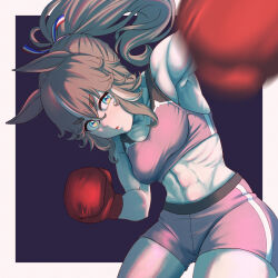 Rule 34 | 1girl, abs, alternate hairstyle, animal ears, blue eyes, boxing, boxing gloves, breasts, commentary request, exercise, gloves, hair between eyes, hair ribbon, highres, horse ears, horse girl, long hair, looking at viewer, medium breasts, midriff, navel, ohmi-wisteria, open mouth, ponytail, red gloves, ribbon, shaded face, shadow, shorts, simple background, solo, sports bra, sportswear, standing, stomach, tank top, thick eyebrows, umamusume, wonder acute (umamusume)