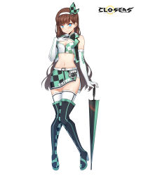 Rule 34 | 1girl, 3:, alternate color, bare shoulders, belt, black footwear, blue eyes, boots, breasts, brown hair, cleavage, closers, crop top, cropped vest, elbow gloves, frown, full body, gloves, hairband, hand on own chest, hand up, high heel boots, high heels, highres, holding, holding umbrella, long hair, looking at viewer, medium breasts, midriff, miniskirt, navel, non-web source, official art, open clothes, race queen, seulbi lee, skirt, sleeveless, solo, stomach, thigh boots, thighhighs, thighhighs under boots, umbrella, very long hair, vest, white thighhighs, zettai ryouiki