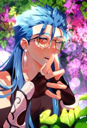 Rule 34 | 1boy, bespectacled, black gloves, blue hair, bracelet, colored eyelashes, cu chulainn (caster) (fate), cu chulainn (fate), dol ishi, earrings, elbow gloves, fate/grand order, fate (series), fingerless gloves, fingers together, flower, glasses, gloves, highres, jewelry, korean commentary, long hair, looking at viewer, male focus, multiple piercings, one eye closed, open mouth, red eyes, smile, solo, spiked hair, tank top, vambraces