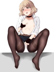 Rule 34 | absurdres, blush, breasts, choker, cleavage, clothed masturbation, covered erect nipples, crotch rub, female masturbation, gentiane (girls&#039; frontline), girls&#039; frontline, grabbing own breast, griffin &amp; kryuger, griffin &amp; kryuger military uniform, highres, leggings, masturbation, miniskirt, on table, open clothes, open mouth, open shirt, panties, physisyoon, shirt, short hair, sitting, skirt, small breasts, spread legs, table, underwear, white panties, white shirt