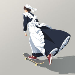 Rule 34 | 1girl, apron, black dress, brown hair, commentary, dress, from behind, hat, long sleeves, maid, maid apron, mob cap, original, red footwear, shadow, shoes, short hair, skateboard, skateboarding, sneakers, solo, standing, suzushiro (suzushiro333)