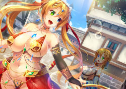 Rule 34 | 2girls, :d, arabian clothes, armlet, bare shoulders, belly chain, bikini, blonde hair, blue eyes, blue gemstone, blue sky, blush, bracelet, breasts, bridal gauntlets, cleavage, cloud, collarbone, commentary request, dancer, day, earrings, fang, gem, glint, gold, gold choker, green eyes, groin, hair between eyes, harem outfit, harp, head chain, heterochromia, instrument, jewelry, large breasts, lens flare, long hair, looking at another, low ponytail, luupechi, midriff, multiple girls, navel, nipple shield, open mouth, original, outdoors, red bikini, revealing clothes, siblings, sideboob, sidelocks, single bridal gauntlet, sisters, sitting, skin fang, sky, smile, sparkle, standing, sunlight, sweat, swimsuit, town, tree, tree shade, twins, twintails, underboob, upper body, very long hair, waist cape, yuki (luupechi), yuri (luupechi)
