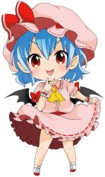 Rule 34 | 1girl, ascot, bad id, bad pixiv id, bat wings, berry jou, blue hair, blush, bow, chibi, dress, hat, hat bow, looking at viewer, mob cap, pink dress, pointy ears, red eyes, remilia scarlet, simple background, smile, solo, tongue, tongue out, touhou, v, white background, wings, wrist cuffs