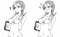 Rule 34 | !, 1girl, ?, ??, bad id, bad twitter id, bare shoulders, bikini, blush, breasts, cleavage, clipboard, collarbone, front-tie bikini top, front-tie top, greyscale, groin, hair between eyes, holding, kodamari, long hair, minna-dietlinde wilcke, monochrome, navel, nose blush, open mouth, pencil, simple background, solo, strike witches, swimsuit, white background, world witches series