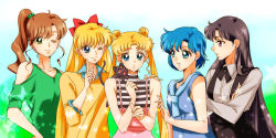Rule 34 | 10s, 5girls, aino minako, bare arms, bare shoulders, bishoujo senshi sailor moon, bishoujo senshi sailor moon crystal, black cat, black hair, blonde hair, blouse, blue background, blue eyes, blue hair, bow, brown hair, cat, collarbone, crescent, crescent moon, crossed arms, double bun, dress shirt, earrings, facial mark, finger to face, forehead mark, gradient background, green background, green shirt, hair bobbles, hair bow, hair bun, hair ornament, half updo, hand on another&#039;s shoulder, hand on own hip, hino rei, jewelry, karasa (tsukasa yu), kino makoto, long hair, long sleeves, luna (sailor moon), mizuno ami, moon, multiple girls, one eye closed, open mouth, orange shirt, parted lips, ponytail, profile, purple eyes, red bow, red eyes, shirt, short hair, sleeveless, standing, star (symbol), starry background, suspenders, sweater, tsukino usagi, twintails, two-tone background, wink