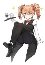 Rule 34 | 1girl, black pants, black vest, bow, bowtie, chalice, cup, drill hair, drop earrings, earrings, formal, full body, gloves, head bowed, highres, holding, holding tray, jewelry, long sleeves, looking at viewer, no headwear, orange eyes, orange hair, pants, shirt, simple background, solo, suit, sweetpotatojelly, touhou, tray, twin drills, vest, white gloves, white shirt, yorigami jo&#039;on