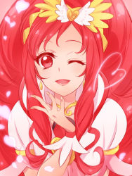 Rule 34 | 1girl, ;d, collarbone, cure ace, dokidoki! precure, earrings, hair ornament, heart, heart hair ornament, highres, jewelry, long hair, looking at viewer, madoka aguri, one eye closed, open mouth, parted bangs, petals, precure, red eyes, red hair, shipu (gassyumaron), short sleeves, smile, solo, upper body, very long hair, wrist cuffs