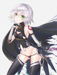 Rule 34 | 1girl, arm wrap, armlet, bare shoulders, black gloves, black panties, black thighhighs, cape, chestnut mouth, cowboy shot, cropped vest, elbow gloves, fate/apocrypha, fate (series), gloves, gluteal fold, green eyes, halterneck, head tilt, highres, holding, holding weapon, jack the ripper (fate/apocrypha), leaning forward, looking at viewer, lowleg, panties, short hair, shoulder tattoo, single glove, sleeveless, solo, standing, sword, tattoo, thighhighs, thighs, tokikouhime, underwear, vest, weapon, white hair