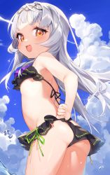 Rule 34 | 1girl, ass, bare arms, bare shoulders, bikini, bikini skirt, blue sky, blunt bangs, blush, breasts, cloud, commentary request, day, duplicate, frilled bikini, frills, headband, highres, hololive, light purple hair, long hair, looking at viewer, looking back, medium breasts, murasaki shion, murasaki shion (hololive summer 2019), official alternate costume, open mouth, outdoors, pixel-perfect duplicate, side-tie bikini bottom, silver hair, sky, small breasts, smile, solo, standing, swimsuit, tousaki shiina, virtual youtuber, wading, water, water drop, wet, yellow eyes