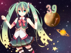 Rule 34 | 1girl, 39, aqua eyes, bow, bowtie, bracelet, green hair, grin, hatoichi reno, hatsune miku, jewelry, long hair, renge (2798537), skirt, smile, solo, star (sky), star (symbol), striped clothes, striped thighhighs, thighhighs, twintails, v, very long hair, vocaloid