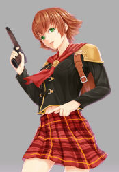 Rule 34 | 1girl, akademeia uniform, backpack, bag, breasts, brown hair, cape, cater (fft-0), final fantasy, final fantasy type-0, green eyes, gun, handgun, holding, holding gun, holding weapon, jacket, looking at viewer, midriff, multiple girls, navel, neckwear request, open mouth, pistol, plaid, plaid skirt, red cape, scarf, school uniform, short hair, skirt, smile, solo, stomach, uniform, weapon
