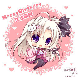 Rule 34 | 1girl, :o, ahoge, bad id, bad pixiv id, black ribbon, black thighhighs, blush, breasts, cardigan, cat hair ornament, character name, chibi, commentary request, copyright request, hair between eyes, hair ornament, hair ribbon, happy birthday, heart, highres, long hair, long sleeves, looking at viewer, medium breasts, no shoes, open cardigan, open clothes, open mouth, pink cardigan, purple eyes, purple skirt, ribbon, ryuuka sane, school uniform, shirt, skirt, sleeves past wrists, solo, star (symbol), star hair ornament, thighhighs, twitter username, very long hair, white background, white hair, white shirt