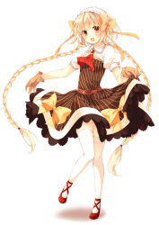 Rule 34 | 1girl, :d, ascot, belt, blonde hair, blush, bow, braid, dress, full body, gloves, hair bow, hairband, long hair, looking at viewer, open mouth, orange eyes, original, pinstripe pattern, red footwear, shoes, simple background, smile, solo, striped, thighhighs, toosaka asagi, twin braids, very long hair, white background, white thighhighs, yukico-tan, yukijirushi