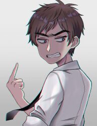 Rule 34 | 1boy, angry, brown hair, don makila, looking back, male focus, middle finger, necktie, negas, shirt, short hair, solo, teeth, thick eyebrows, white shirt, ximsol182