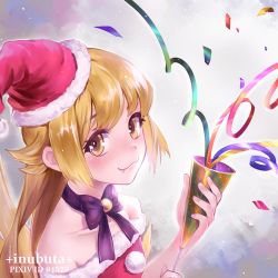Rule 34 | 1girl, :3, bakemonogatari, bare shoulders, black bow, blush, bow, breasts, choker, christmas, closed mouth, collarbone, confetti, eyelashes, fang, fang out, from side, fur trim, hair flaps, hat, holding, inuko (redconstellation), light particles, long hair, looking at viewer, mini hat, mini santa hat, monogatari (series), off shoulder, oshino shinobu, party popper, red hat, santa costume, santa hat, sidelocks, sideways glance, small breasts, smile, solo, striped, upper body, yellow eyes