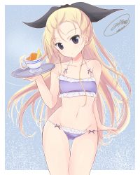 Rule 34 | 10s, 1girl, adjusting clothes, adjusting swimsuit, artist name, assam (girls und panzer), bad id, bad twitter id, bikini, black ribbon, blonde hair, blue background, blue eyes, breasts, collarbone, commentary request, cowboy shot, cup, dated, food, forehead, frilled bikini, frills, fruit, getsumen suibaku ver. a(c), girls und panzer, gluteal fold, hair pulled back, hair ribbon, head tilt, highres, holding, lemon, lemon slice, light particles, long hair, looking at viewer, navel, one-hour drawing challenge, outside border, parted lips, purple bikini, ribbon, signature, small breasts, solo, standing, swimsuit, teacup, thigh gap, tray
