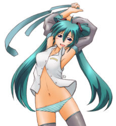 Rule 34 | 1girl, aqua hair, armpits, arms up, blue eyes, detached sleeves, hatsune miku, kit, kit (studio), long hair, navel, necktie, no pants, panties, simple background, solo, striped clothes, striped panties, thighhighs, twintails, underwear, very long hair, vocaloid